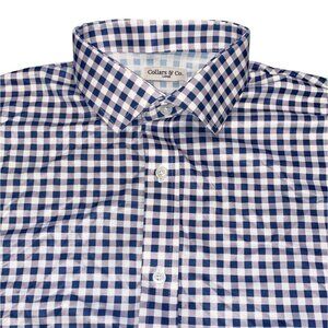 Collars & Co Men's L Quattro Flex Short Sleeve Button Down Shirt Navy Gingham